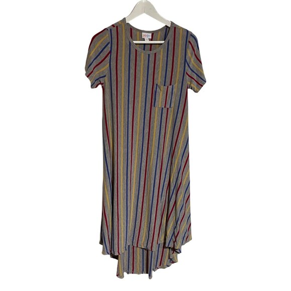 LuLaRoe Gray Multicolor Striped Short Sleeve High-Low Dress XS C-6-107-0 - Picture 1 of 5
